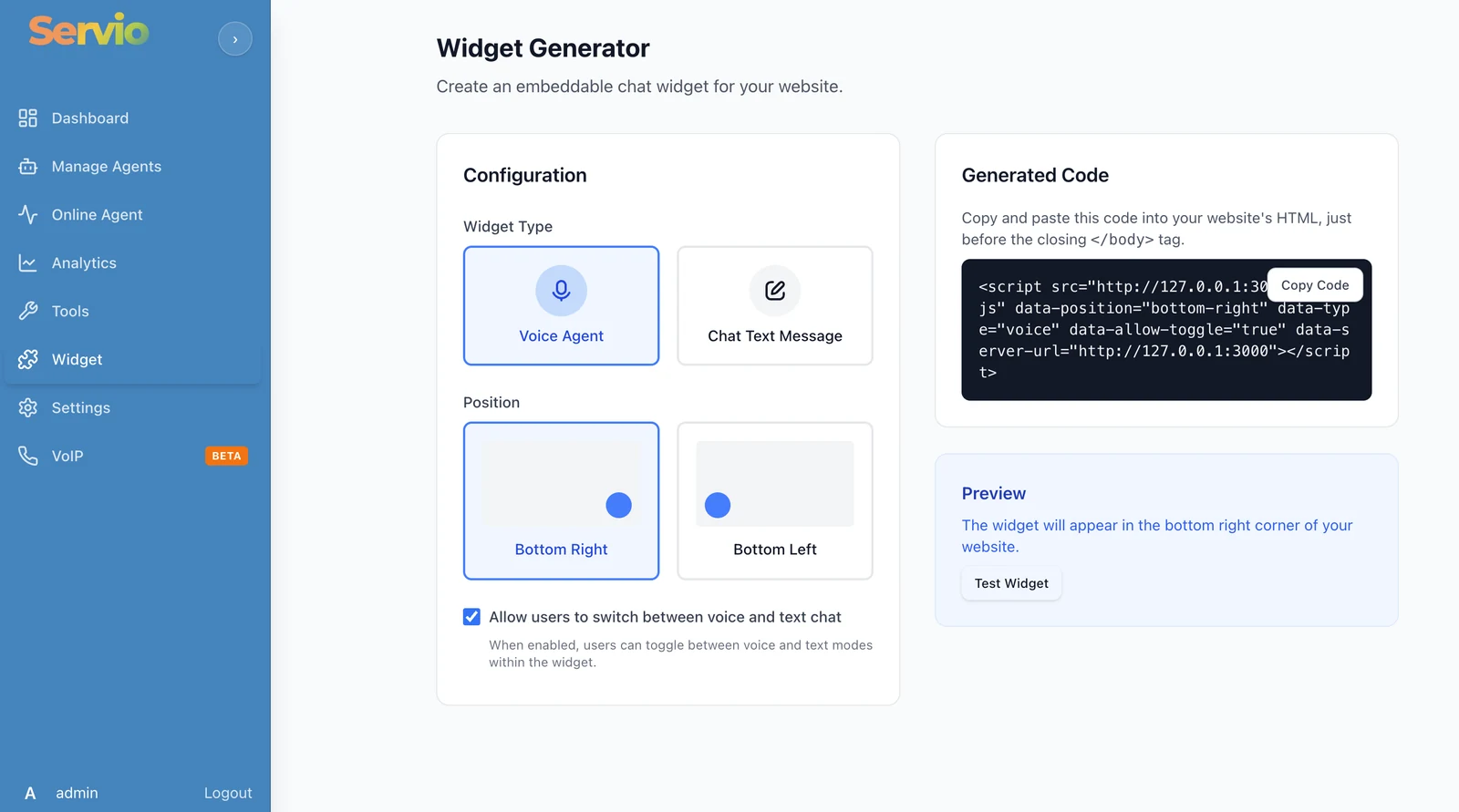 Softnix Servio widget generator / online agent